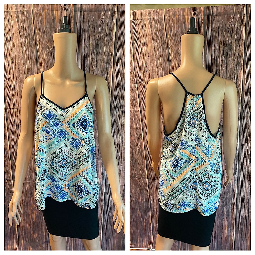 Skies are Blue light blue orange & white boho print pattern tank top size large
